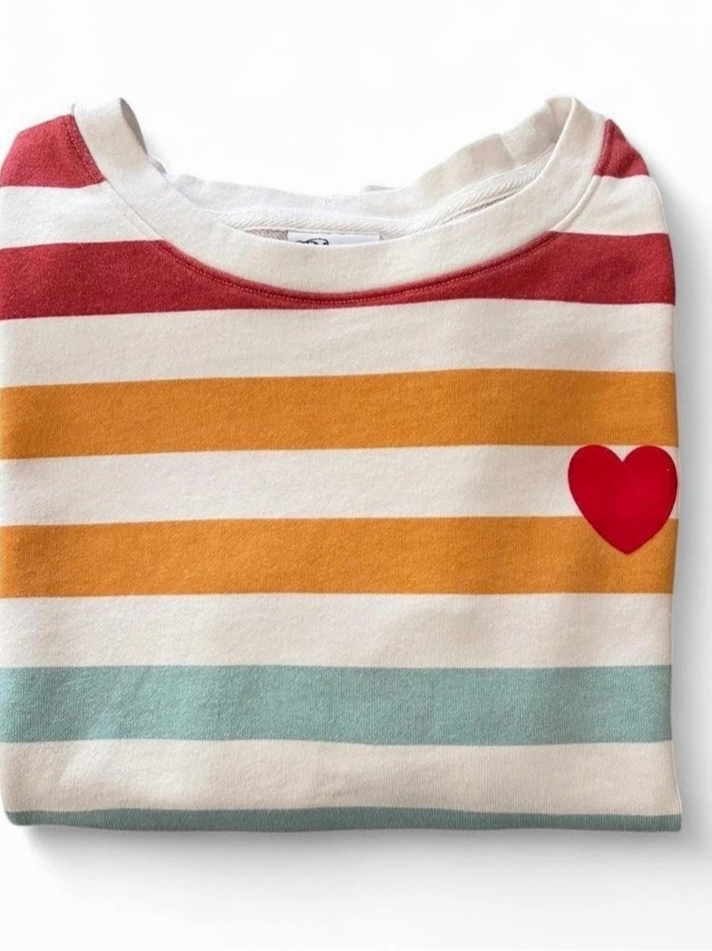 Doe Women’s Sz. M Rainbow Striped Lightweight Sweatshirt with Red Heart Patch